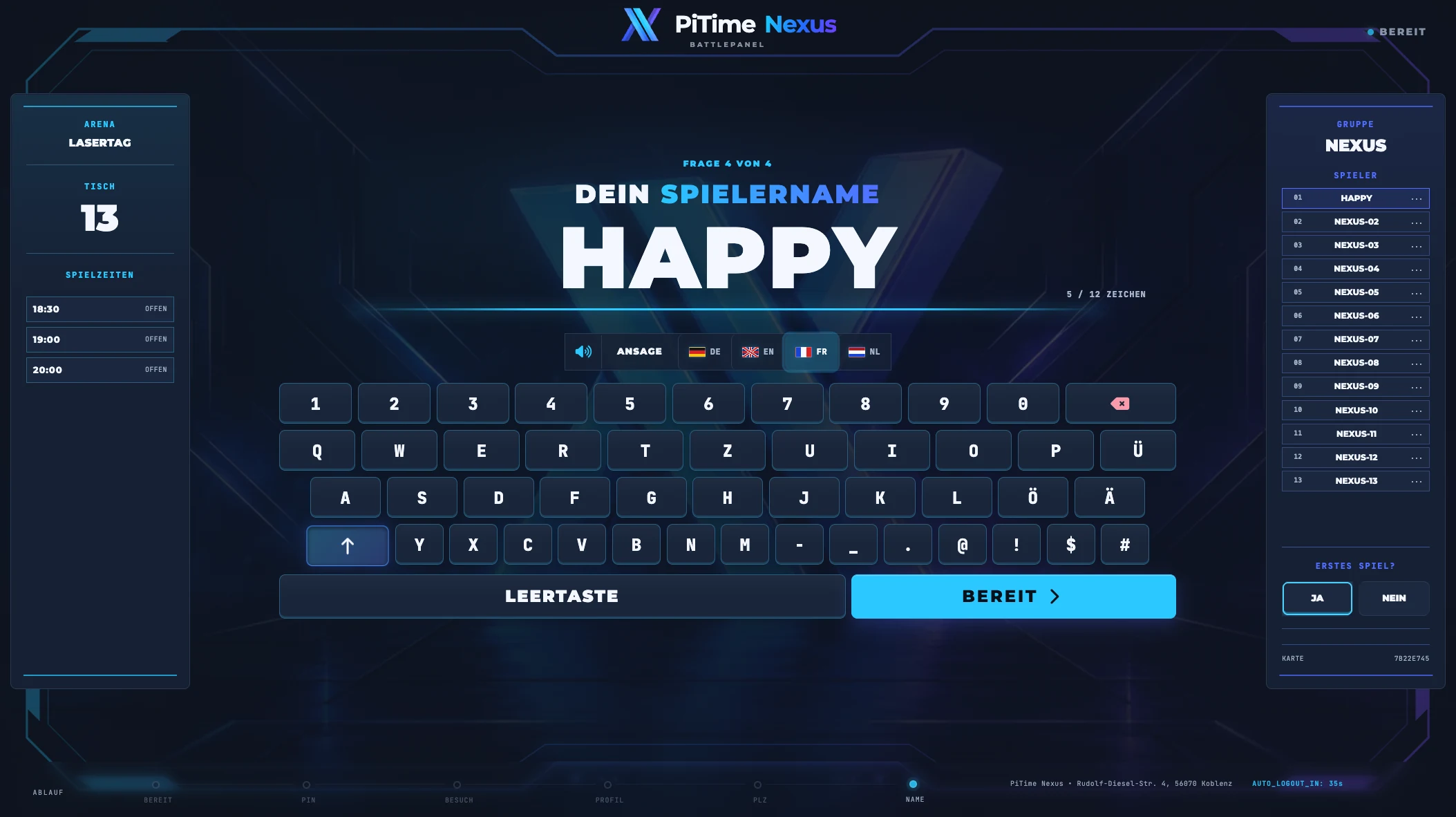 BattlePanel Namenseingabe mit Bildschirmtastatur und Fortschritt der Spielergruppe