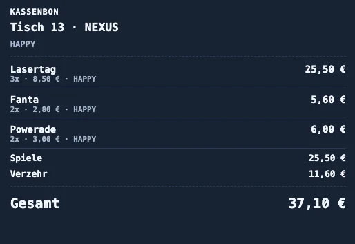 Vorbereiteter Nexus Billing Kassenbon mit Spielen, Verzehr und Gesamtbetrag