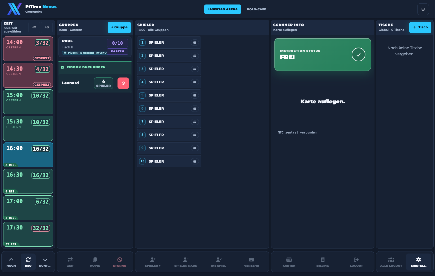 Checkpoint Operator-Oberfläche mit Zeitfenstern, Gruppen, Spielern, NFC-Scanner und Tischen