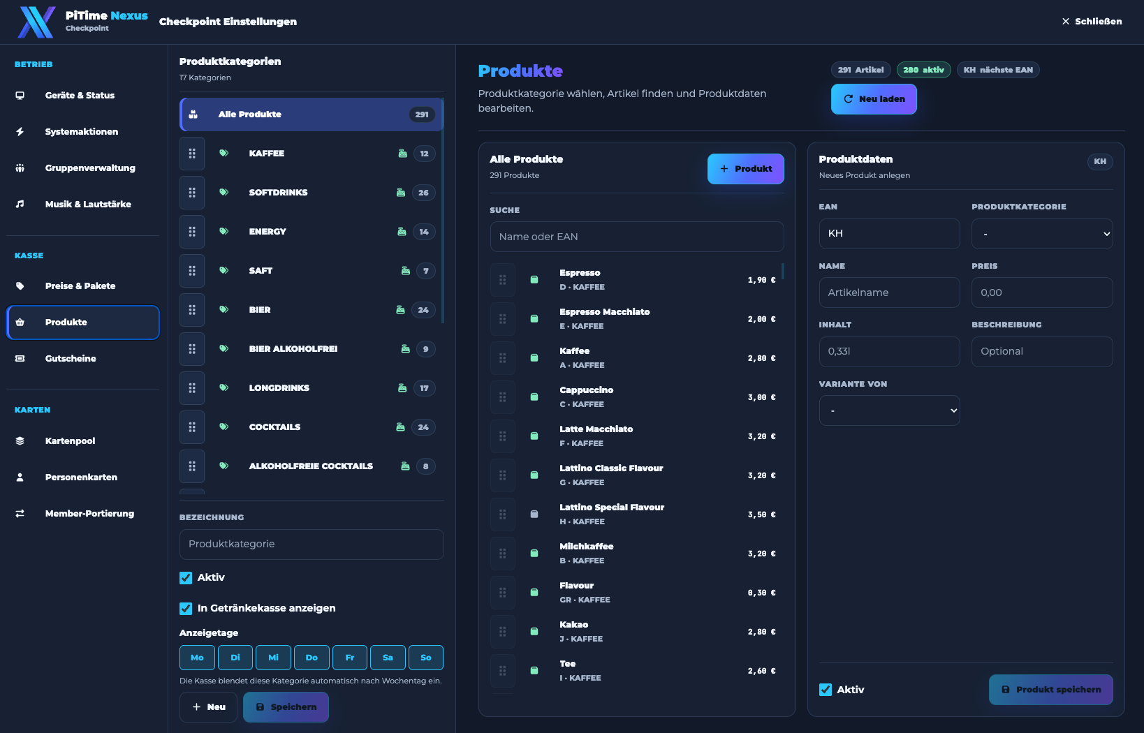 Checkpoint Einstellungen mit Produktkategorien, Artikeln und Produktdaten
