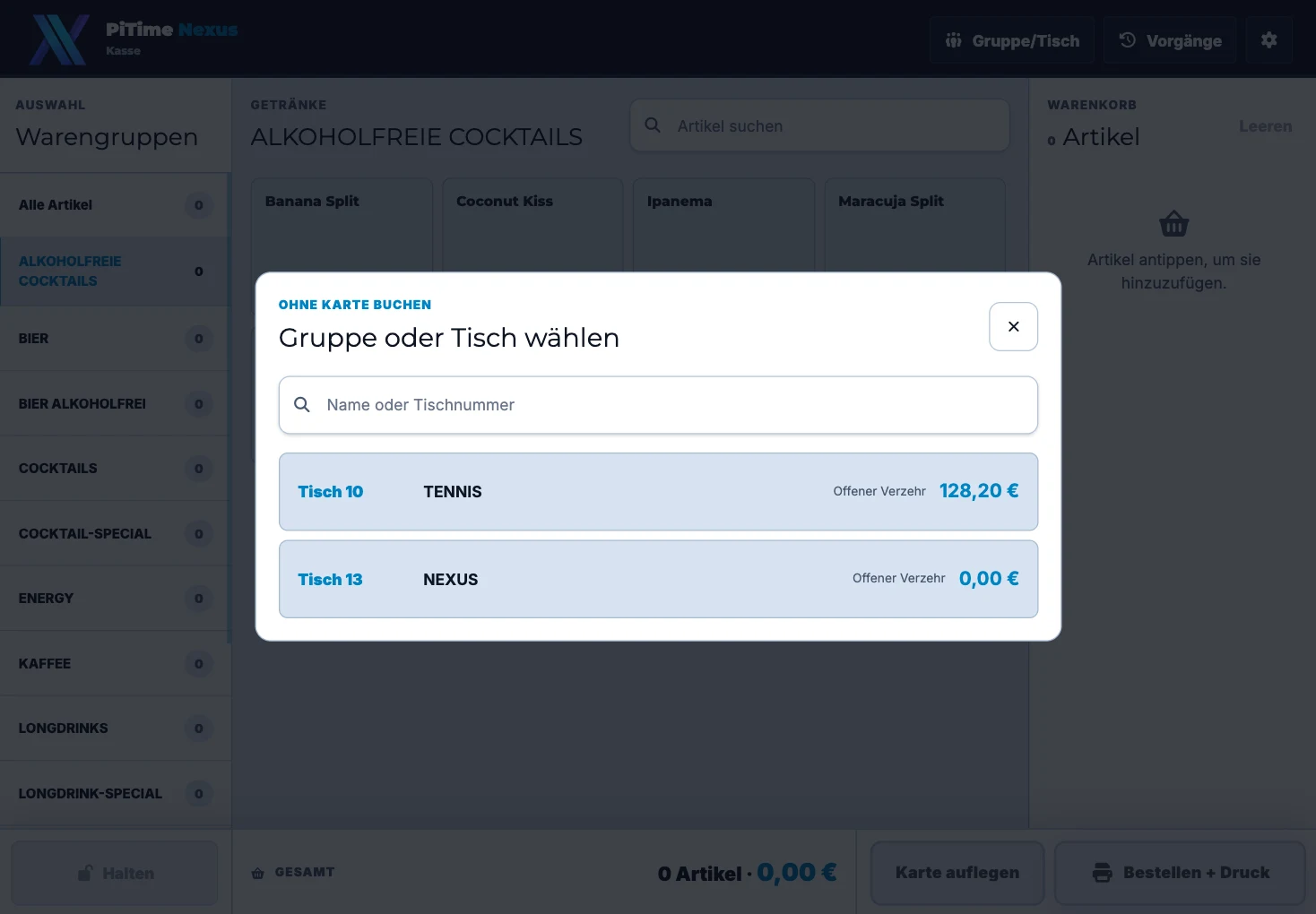 Nexus Consum Dialog zur Auswahl eines Gasts über Gruppe oder Tisch