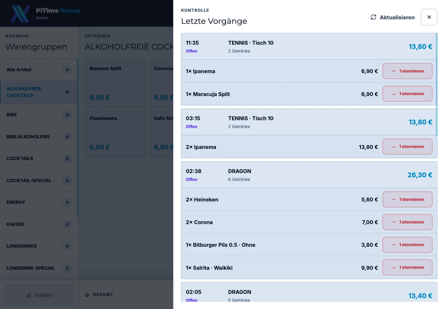 Liste der letzten Nexus Consum Verkaufsvorgänge mit Positionen, Beträgen und Stornofunktion