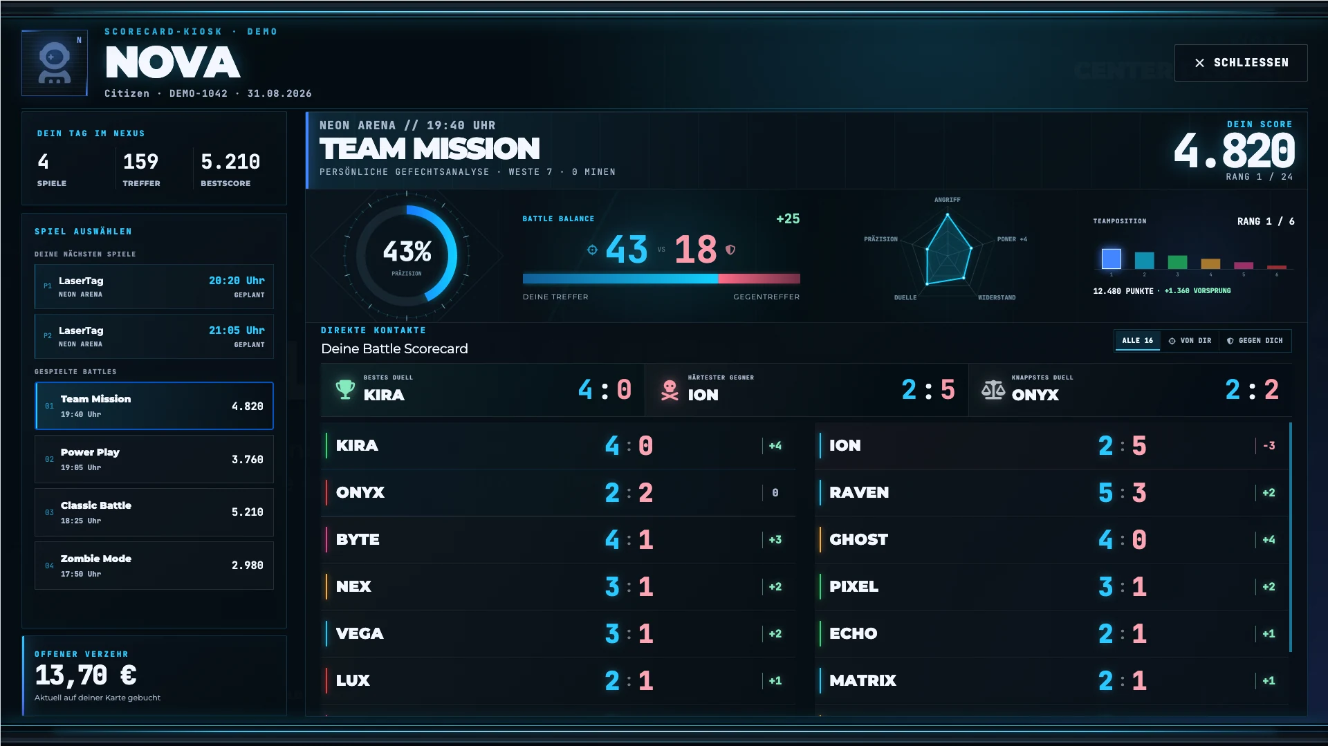 Nexus Score-Kiosk im Querformat mit Spielerprofil, Score, Matchanalyse und direkten Kontakten