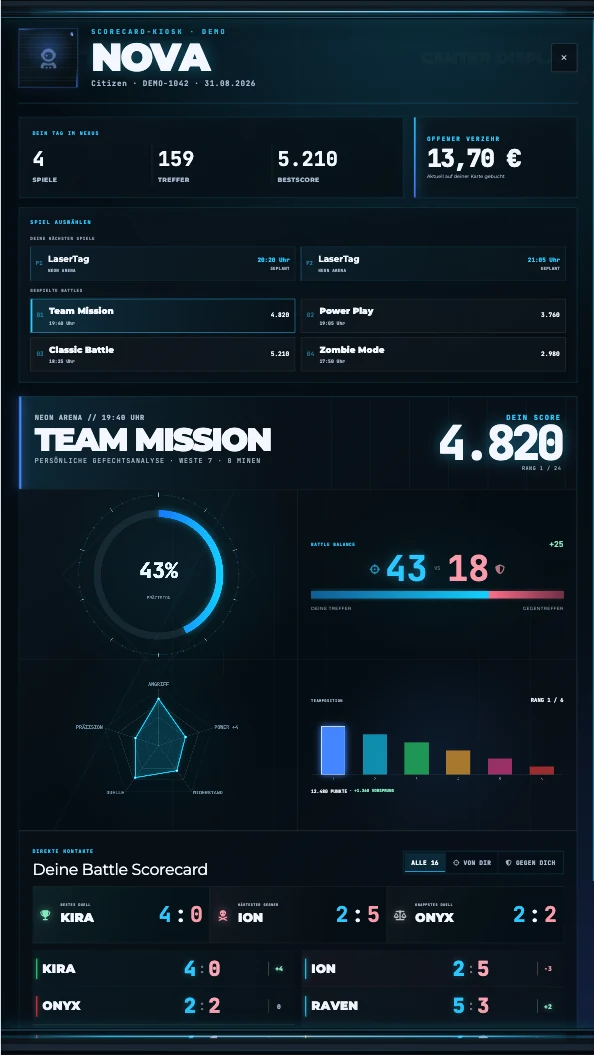 Nexus Score-Kiosk im Hochformat mit Spielerprofil, Spielauswahl, Score und Matchanalyse