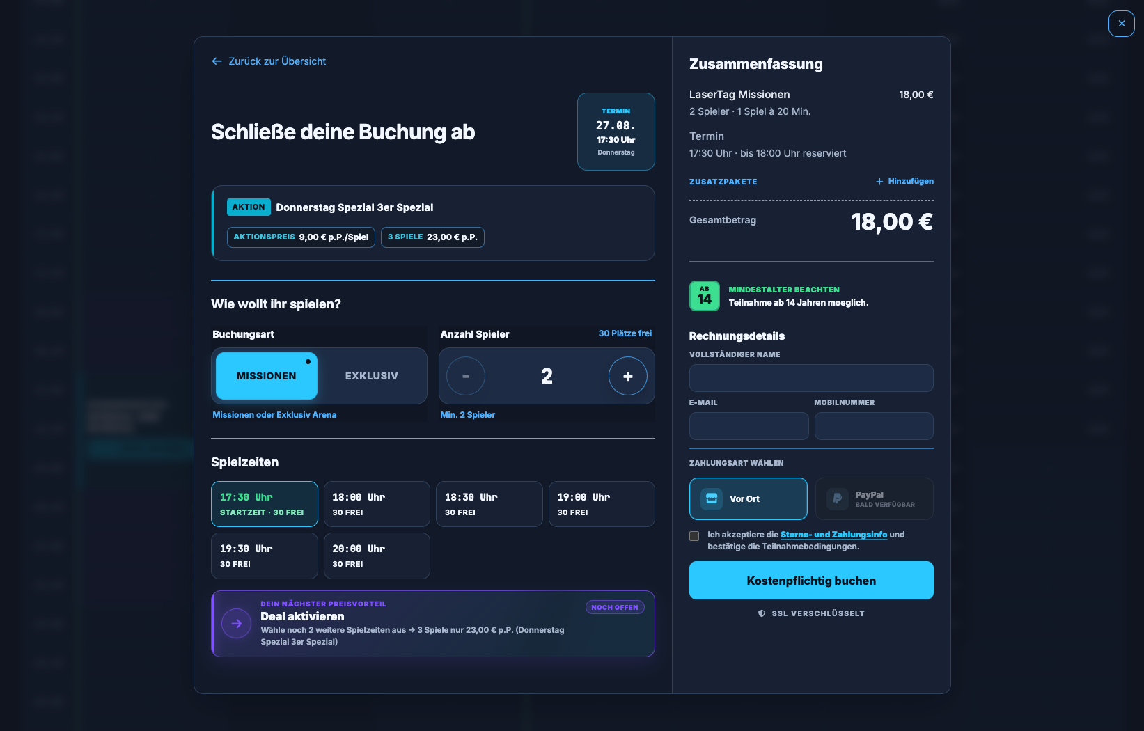 PiBook Buchungsabschluss für einen Lasertag-Termin mit Spielerzahl, Spielzeiten und Zusammenfassung