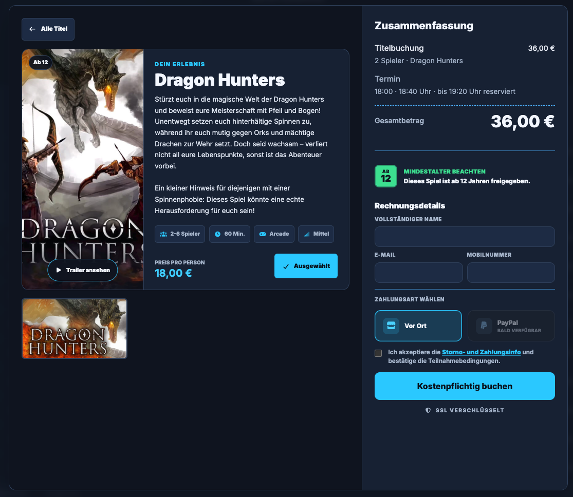 Detailansicht eines VR-Titels mit Beschreibung, Dauer und Schwierigkeitsgrad