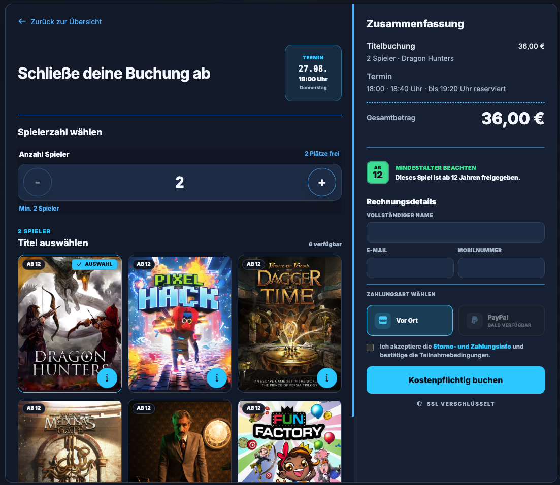 PiBook VR-Buchung mit Auswahl verschiedener Spieletitel
