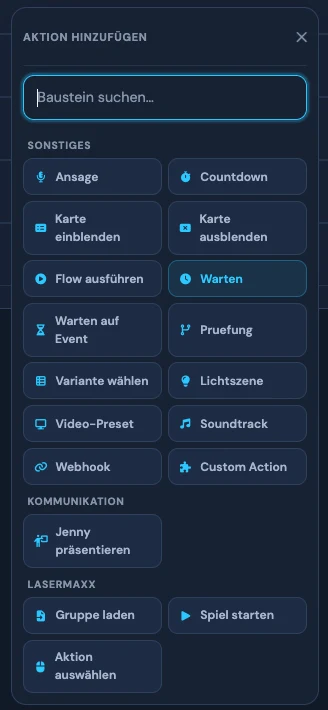 Aktionspalette der Nexus Regie mit Ansage, Countdown, Karte, Licht, Video, Soundtrack und Systemaktionen
