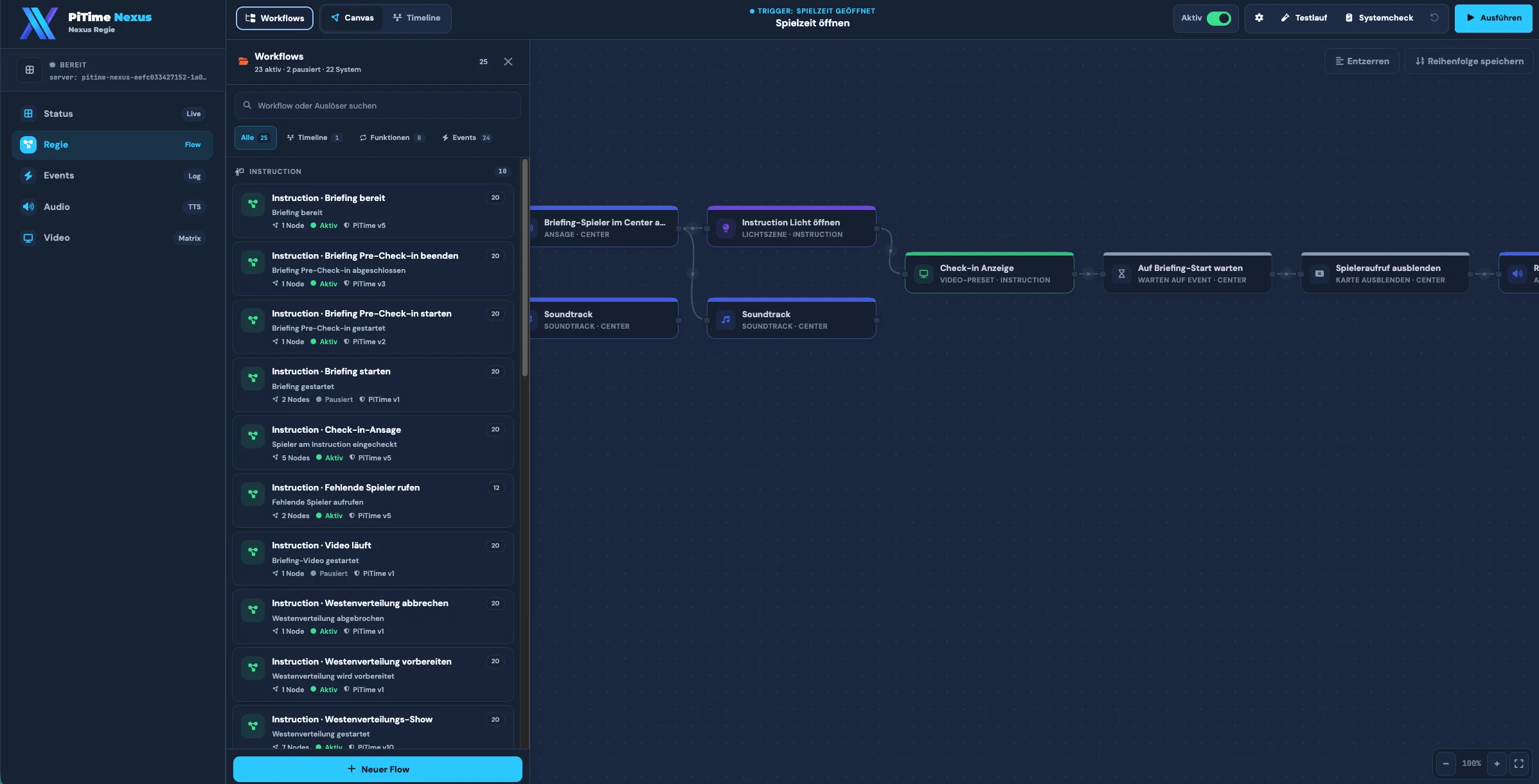 Nexus Regie Workflow-Canvas mit verbundenen Aktionen für Licht, Video, Wartezeit und Spieleraufruf