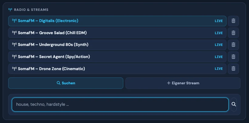 Radio- und Streamverwaltung mit Live-Sendern, Suche und eigener Streamquelle
