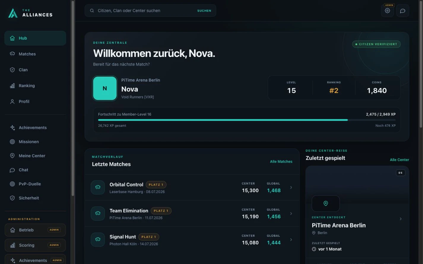 The-Alliances-Hub mit Citizen-Level, Ranking, Coins, Matchhistorie, Clan und besuchten Centern